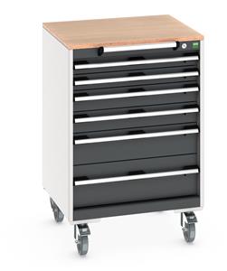 cubio mobile cabinet with 6 drawers & multiplex worktop. WxDxH: 650x650x990mm. RAL 7035/5010 or selected Bott Mobile Storage 650mm x 650mm Industrial Tool Trolleys